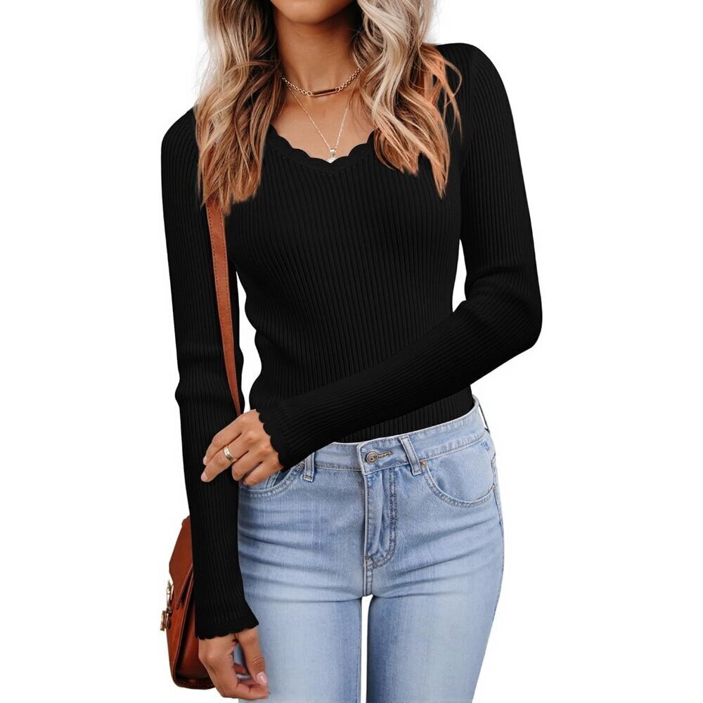 Women's V Neck Sweater Lightweight Knitted Top Fall Fashion Slim Fit